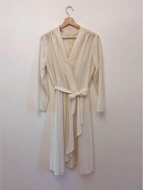 Vintage Windsor Cream Textured Knit Midi Dress | 1970s Surplice Tie Belt Medium
